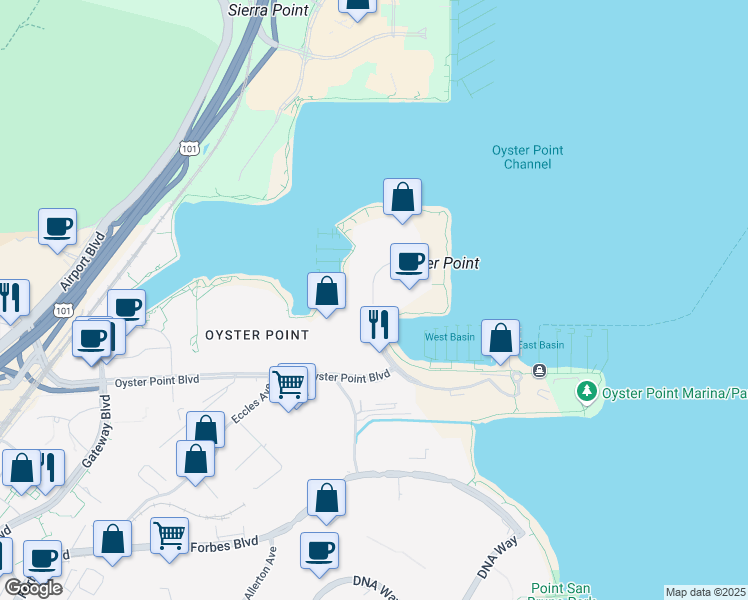 map of restaurants, bars, coffee shops, grocery stores, and more near 400 Oyster Point Boulevard in South San Francisco