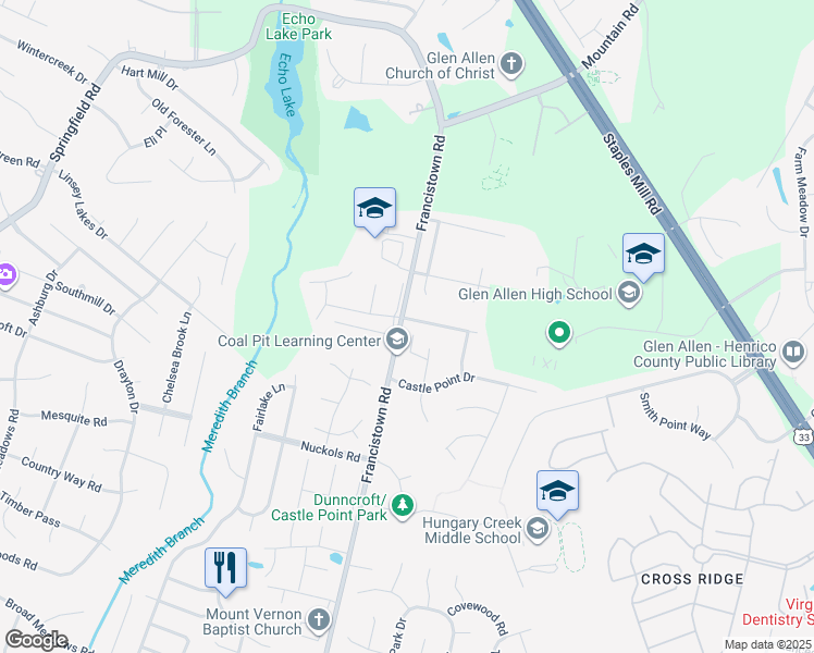 map of restaurants, bars, coffee shops, grocery stores, and more near 9043 Castle Point Road in Glen Allen