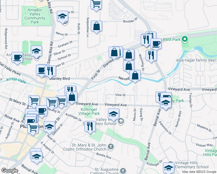 map of restaurants, bars, coffee shops, grocery stores, and more near 3875 Vine Street in Pleasanton
