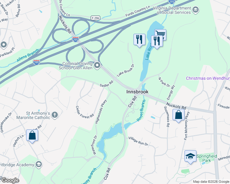 map of restaurants, bars, coffee shops, grocery stores, and more near 4990 Sadler Pl in Glen Allen