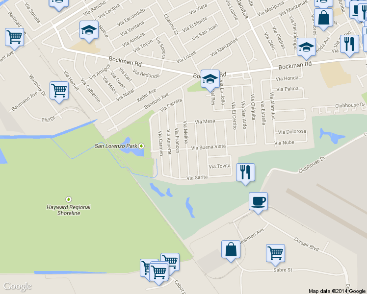 map of restaurants, bars, coffee shops, grocery stores, and more near 1827 Via Buena Vista in San Lorenzo