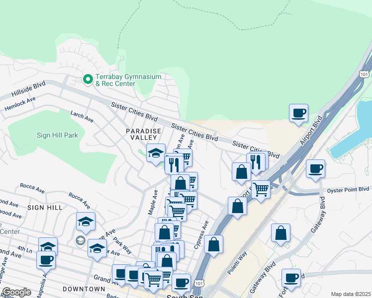 map of restaurants, bars, coffee shops, grocery stores, and more near 149 North Spruce Avenue in South San Francisco