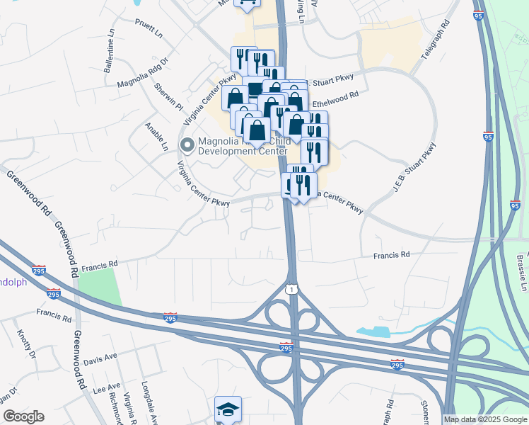 map of restaurants, bars, coffee shops, grocery stores, and more near 9709 Virginia Centerway Place in Glen Allen