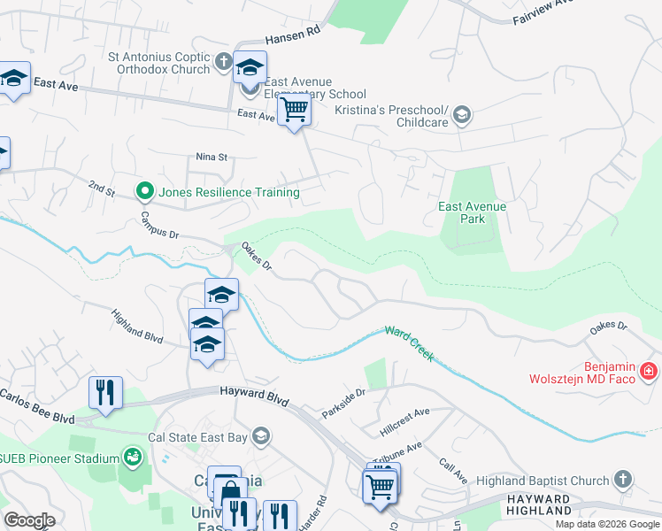 map of restaurants, bars, coffee shops, grocery stores, and more near 2566 Lancaster Road in Hayward