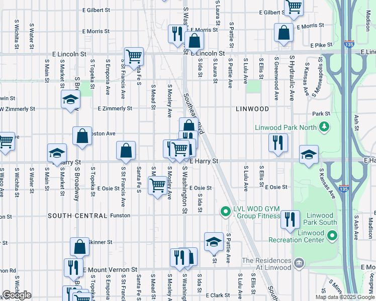 map of restaurants, bars, coffee shops, grocery stores, and more near 1544 South Washington Street in Wichita