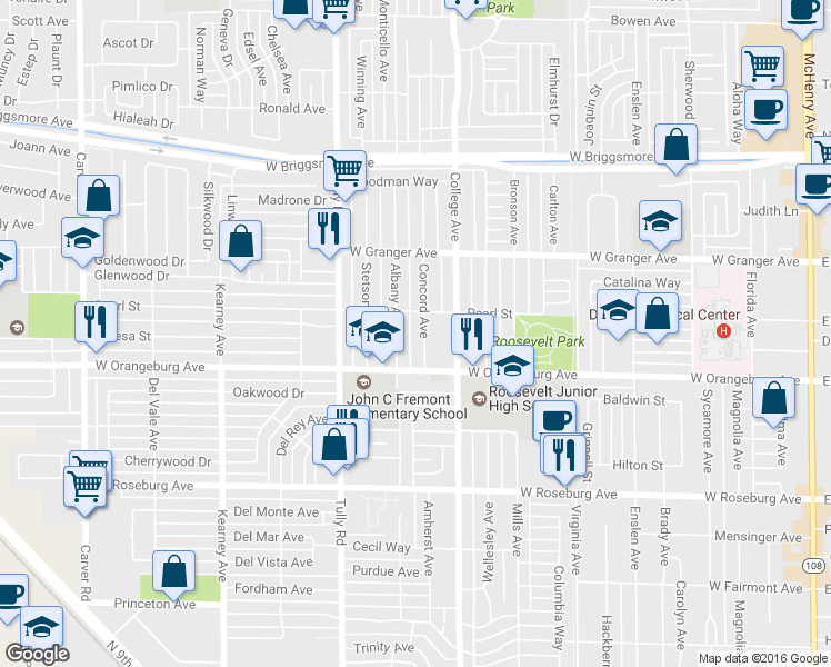 map of restaurants, bars, coffee shops, grocery stores, and more near 1420 Albany Avenue in Modesto
