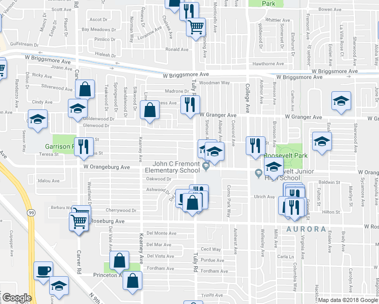 map of restaurants, bars, coffee shops, grocery stores, and more near 1427 Tully Road in Modesto
