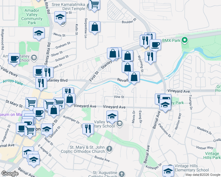 map of restaurants, bars, coffee shops, grocery stores, and more near 3875 Vine Street in Pleasanton