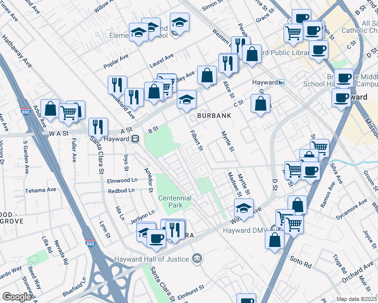 map of restaurants, bars, coffee shops, grocery stores, and more near 2007 Parkhurst Street in Hayward