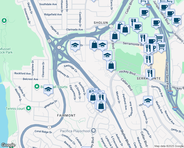 map of restaurants, bars, coffee shops, grocery stores, and more near 920 Saint Francis Boulevard in Daly City
