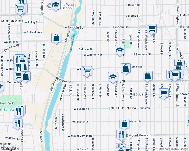 map of restaurants, bars, coffee shops, grocery stores, and more near 1537 South Wichita Street in Wichita