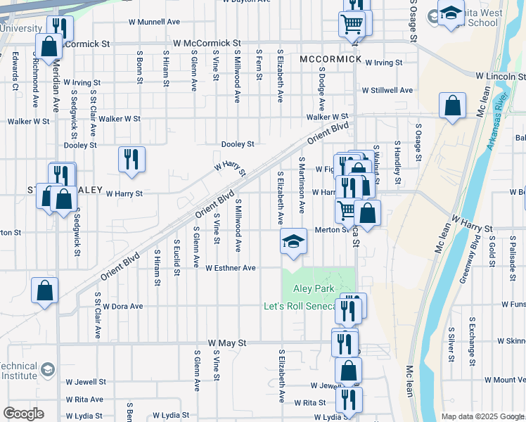 map of restaurants, bars, coffee shops, grocery stores, and more near 1631 South Fern Street in Wichita