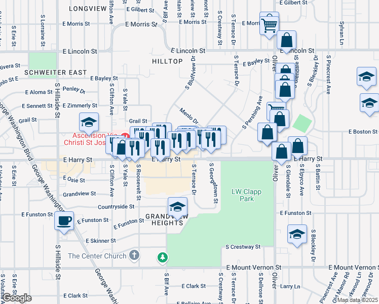 map of restaurants, bars, coffee shops, grocery stores, and more near 4301 East Harry Street in Wichita