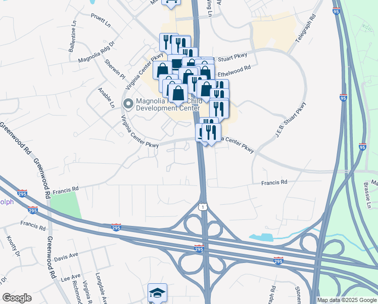 map of restaurants, bars, coffee shops, grocery stores, and more near 9709 Virginia Centerway Place in Glen Allen