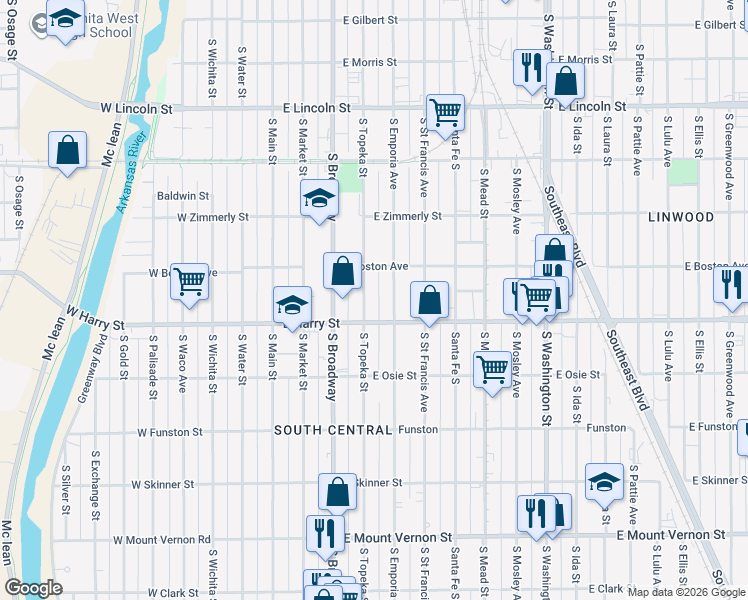 map of restaurants, bars, coffee shops, grocery stores, and more near 1534 South Topeka Avenue in Wichita