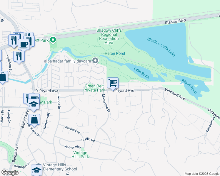 map of restaurants, bars, coffee shops, grocery stores, and more near 2762 Vista Diablo Court in Pleasanton