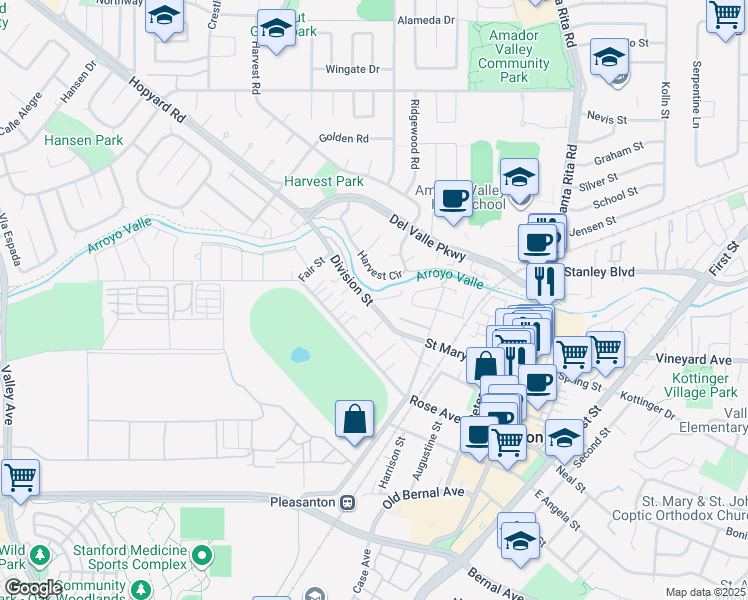 map of restaurants, bars, coffee shops, grocery stores, and more near 839 Division Street in Pleasanton
