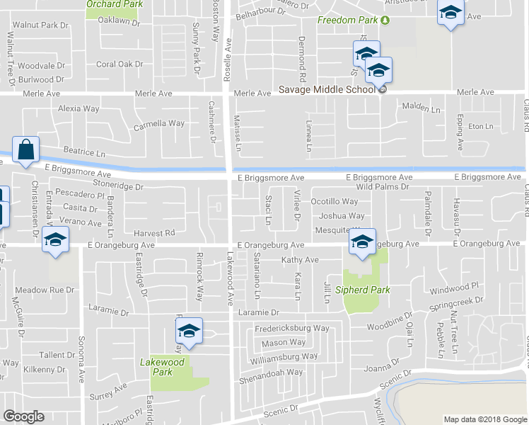 map of restaurants, bars, coffee shops, grocery stores, and more near 3101 Mulholland Drive in Modesto