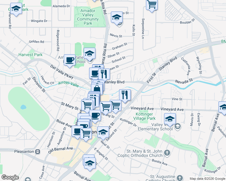 map of restaurants, bars, coffee shops, grocery stores, and more near 563 Gyles Place in Pleasanton