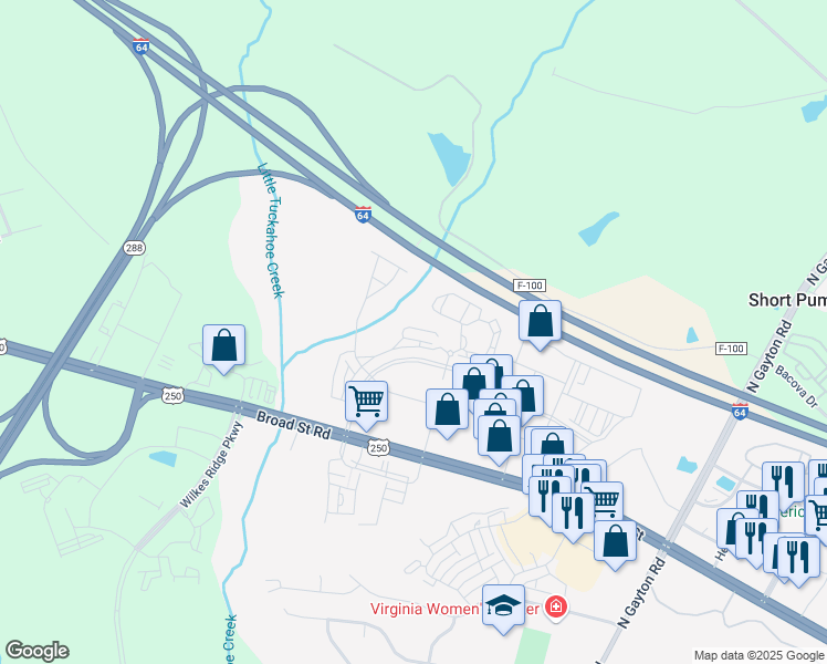 map of restaurants, bars, coffee shops, grocery stores, and more near 4345 Saunders Station Loop in Short Pump