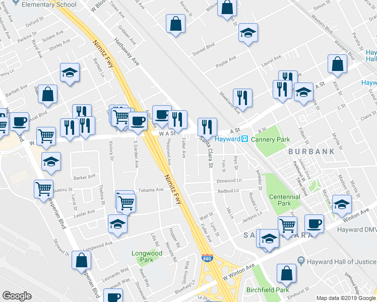 map of restaurants, bars, coffee shops, grocery stores, and more near 22416 Fuller Avenue in Hayward