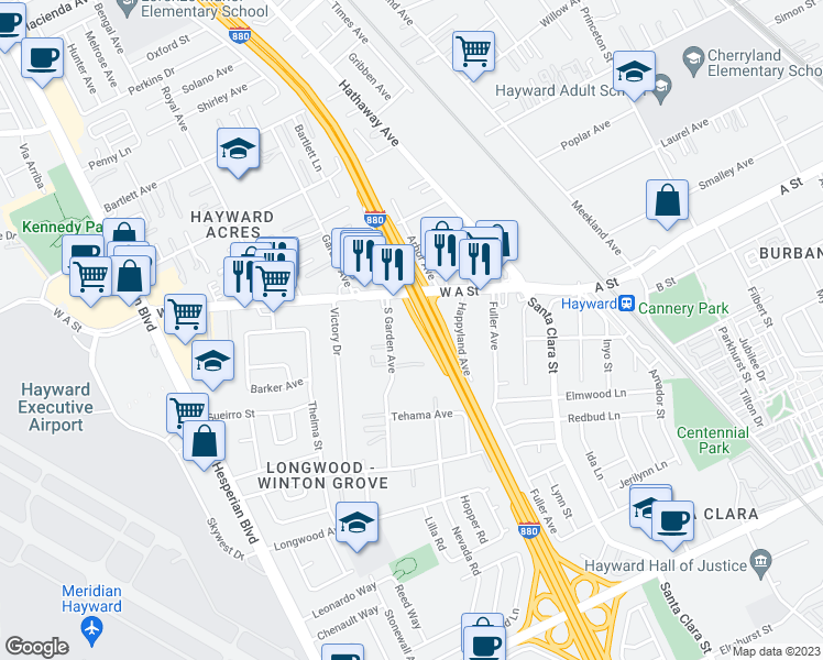 map of restaurants, bars, coffee shops, grocery stores, and more near 22216 South Garden Avenue in Hayward