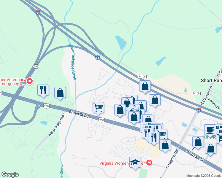 map of restaurants, bars, coffee shops, grocery stores, and more near 4345 Saunders Station Loop in Short Pump