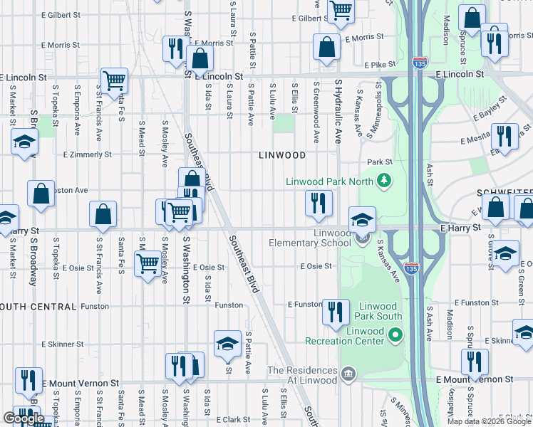 map of restaurants, bars, coffee shops, grocery stores, and more near 1553 South Lulu Street in Wichita
