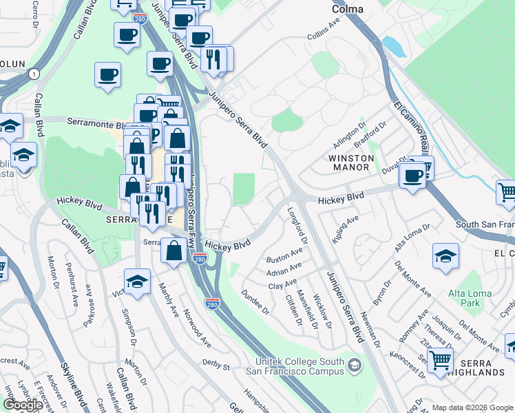 map of restaurants, bars, coffee shops, grocery stores, and more near 375 Mandarin Drive in Daly City