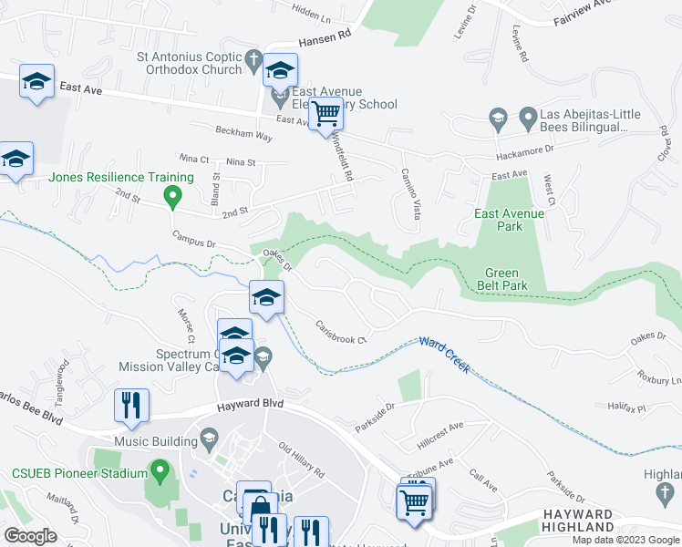 map of restaurants, bars, coffee shops, grocery stores, and more near 2509 Lancaster Court in Hayward
