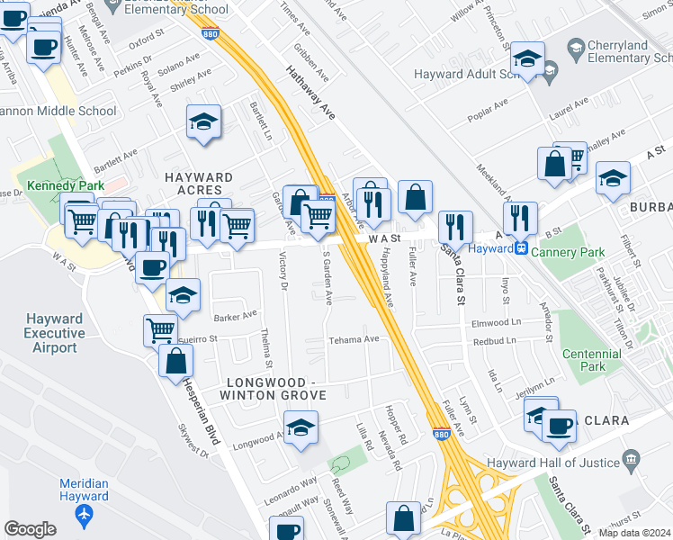 map of restaurants, bars, coffee shops, grocery stores, and more near 22204 South Garden Avenue in Hayward