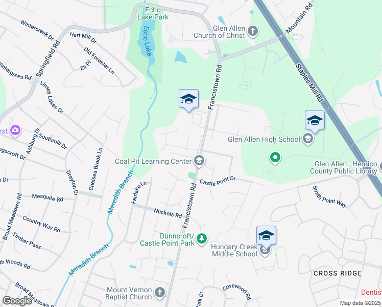 map of restaurants, bars, coffee shops, grocery stores, and more near 9109 Townsend Park Drive in Glen Allen