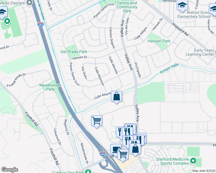 map of restaurants, bars, coffee shops, grocery stores, and more near 2670 Corte Elena in Pleasanton
