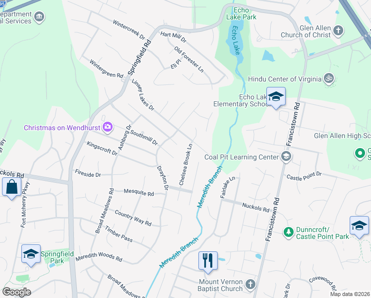 map of restaurants, bars, coffee shops, grocery stores, and more near 5148 Chelsea Brook Lane in Glen Allen