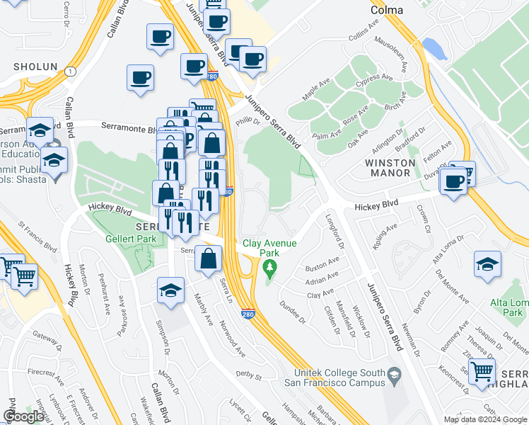 map of restaurants, bars, coffee shops, grocery stores, and more near in Broadmoor