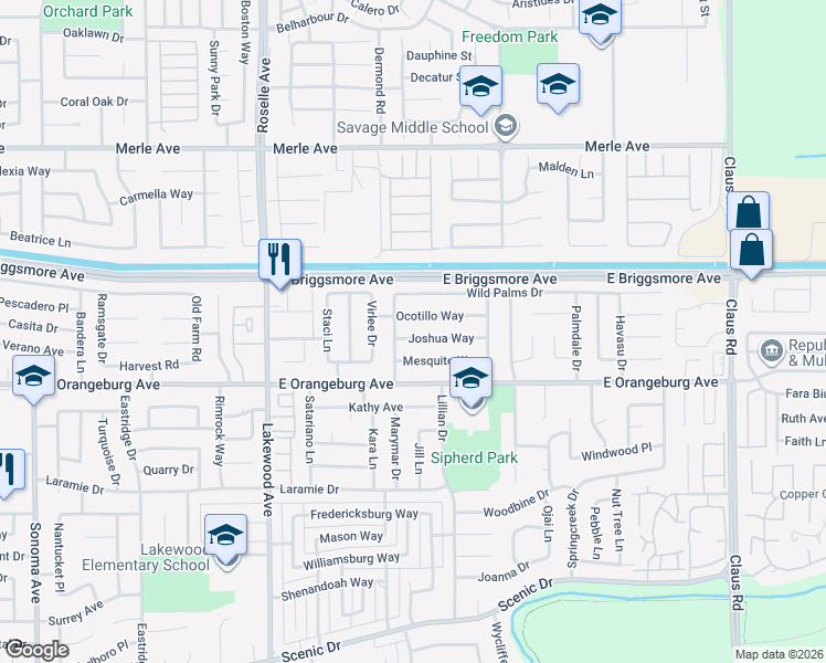 map of restaurants, bars, coffee shops, grocery stores, and more near 3321 Joshua Way in Modesto