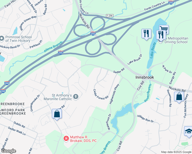 map of restaurants, bars, coffee shops, grocery stores, and more near 4812 Cedar Branch Court in Glen Allen