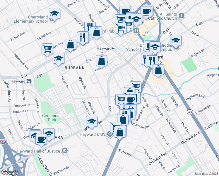 map of restaurants, bars, coffee shops, grocery stores, and more near 22940 Alice Street in Hayward