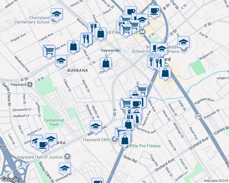 map of restaurants, bars, coffee shops, grocery stores, and more near 538 Dean Street in Hayward