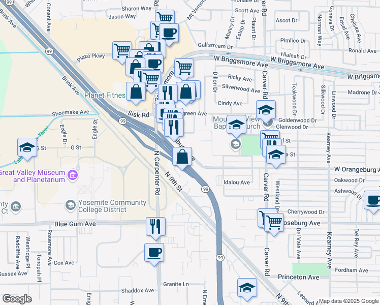 map of restaurants, bars, coffee shops, grocery stores, and more near 1993 West Orangeburg Avenue in Modesto