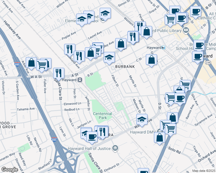 map of restaurants, bars, coffee shops, grocery stores, and more near 2006 Jubilee Drive in Hayward