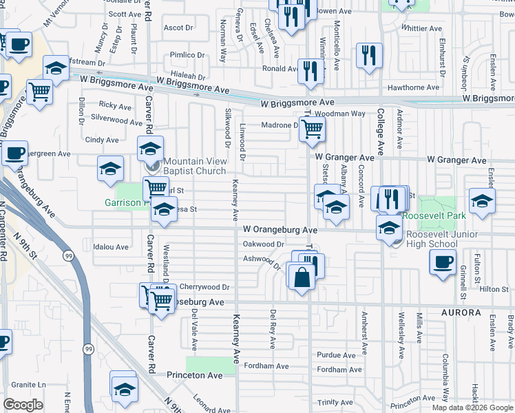 map of restaurants, bars, coffee shops, grocery stores, and more near 1413 Teresa Street in Modesto