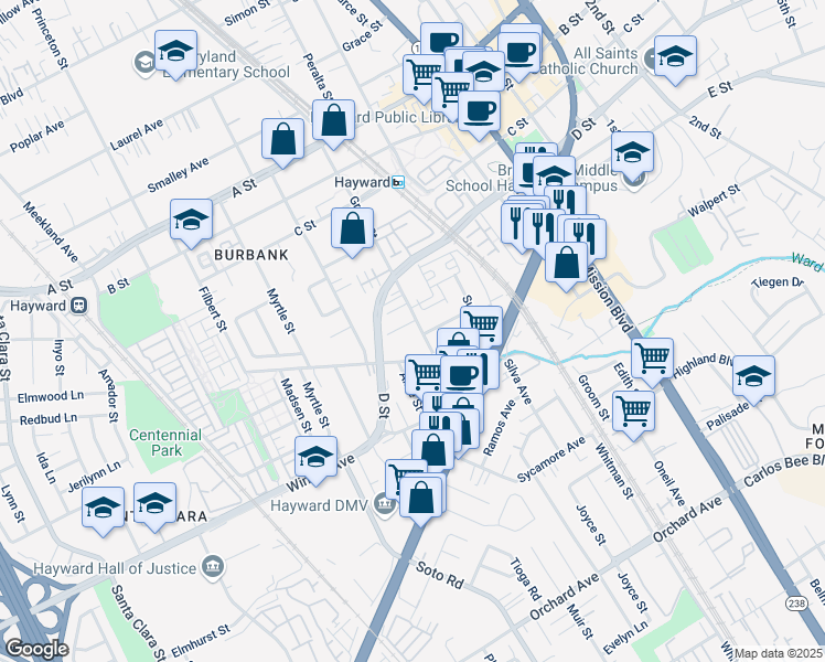 map of restaurants, bars, coffee shops, grocery stores, and more near 22915 Grand Street in Hayward