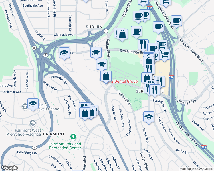 map of restaurants, bars, coffee shops, grocery stores, and more near 4581 Callan Boulevard in Daly City