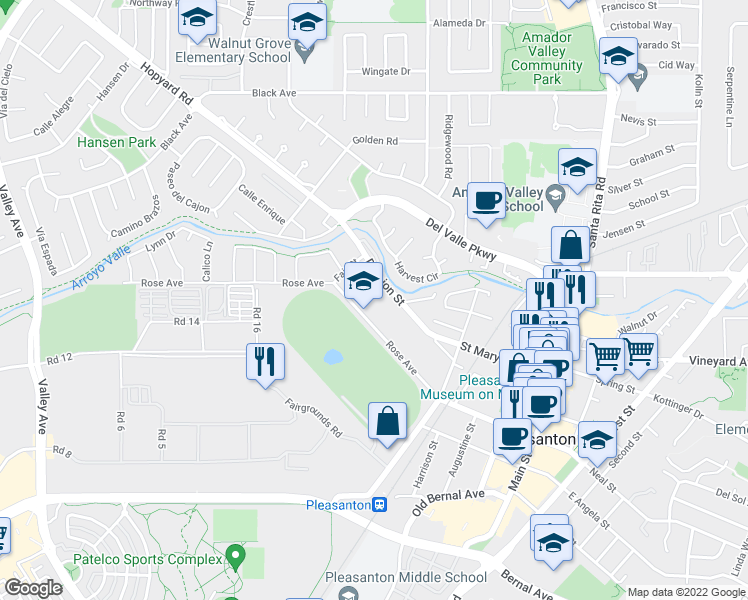 map of restaurants, bars, coffee shops, grocery stores, and more near 938 Division Street in Pleasanton