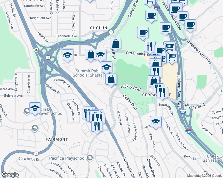 map of restaurants, bars, coffee shops, grocery stores, and more near 901 Campus Drive in Daly City