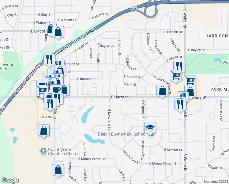 map of restaurants, bars, coffee shops, grocery stores, and more near 8700 East Harry Street in Wichita