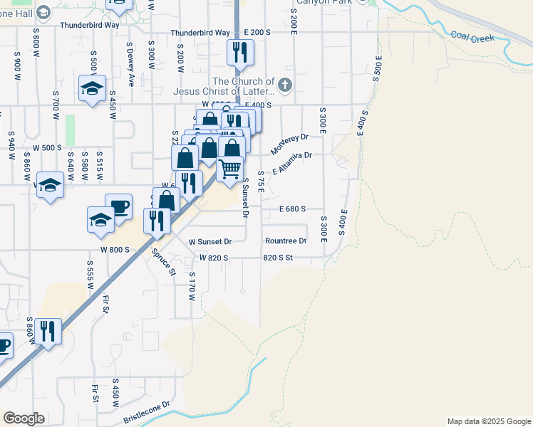 map of restaurants, bars, coffee shops, grocery stores, and more near 109 Rountree Drive in Cedar City