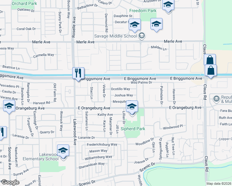 map of restaurants, bars, coffee shops, grocery stores, and more near 3321 Joshua Way in Modesto