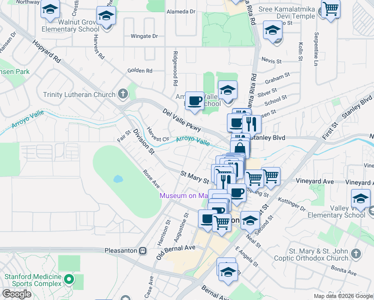 map of restaurants, bars, coffee shops, grocery stores, and more near 825 Saint John Court in Pleasanton